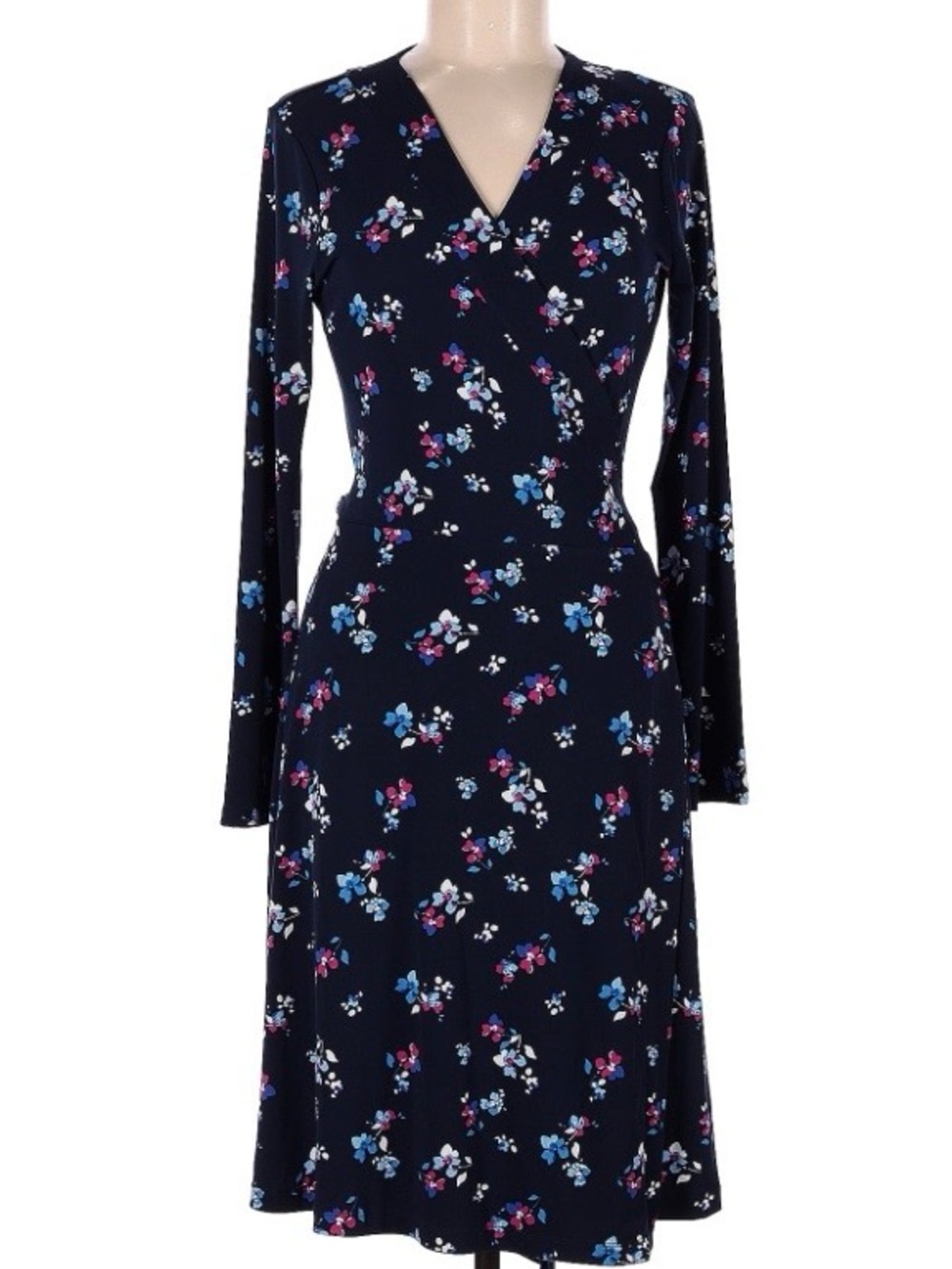 Banana Republic Navy Floral V-Neck Long Sleeve Dress